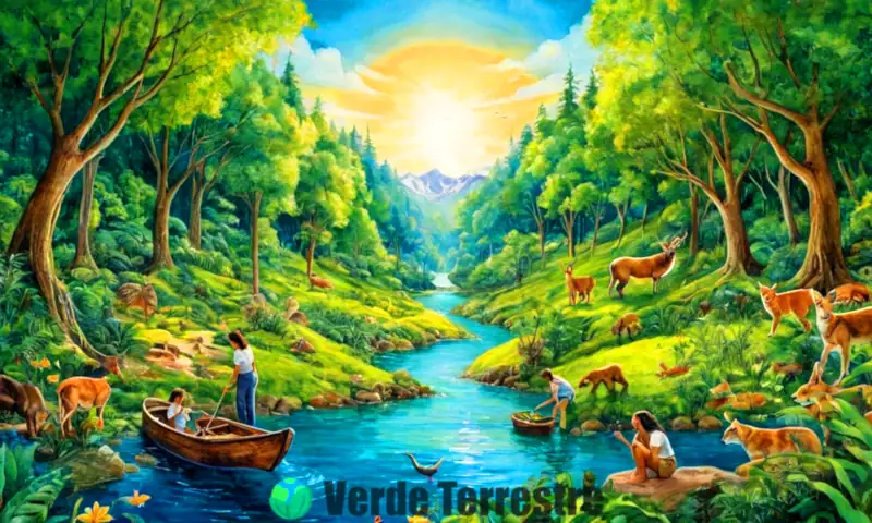 Collage colorido que muestra 13 acciones ecológicas, con escenas de conservación de la naturaleza en un bosque vibrante