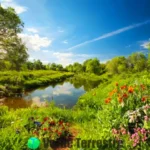 Grupo diverso de personas cuidando el medio ambiente en un paisaje vibrante y natural