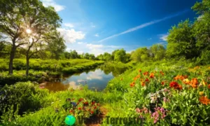 Grupo diverso de personas cuidando el medio ambiente en un paisaje vibrante y natural