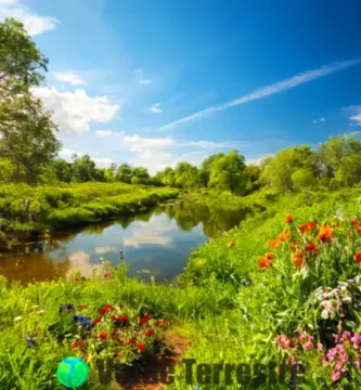 Grupo diverso de personas cuidando el medio ambiente en un paisaje vibrante y natural
