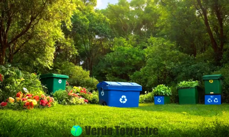 Ilustración vibrante que representa la regla de las 3R con un paisaje verde, plantas diversas y elementos simbólicos de reciclaje y cuidado ambiental