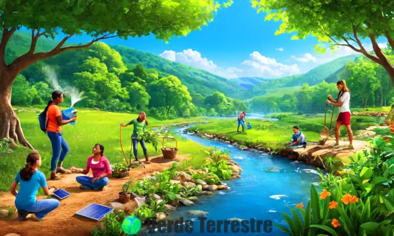 Un paisaje vibrante con personas plantando árboles, recolectando agua de lluvia y usando paneles solares, rodeados de un bosque verde y un arroyo