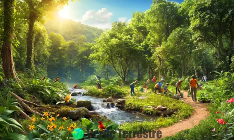 Grupo de personas realizando actividades de conservación en un bosque verde y diverso, con aves coloridas y un arroyo, bajo la luz suave del sol