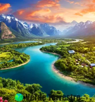 Paisaje vibrante y lleno de vida que muestra personas practicando la sostenibilidad en un entorno natural con un río claro y montañas