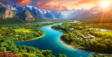 Paisaje vibrante y lleno de vida que muestra personas practicando la sostenibilidad en un entorno natural con un río claro y montañas