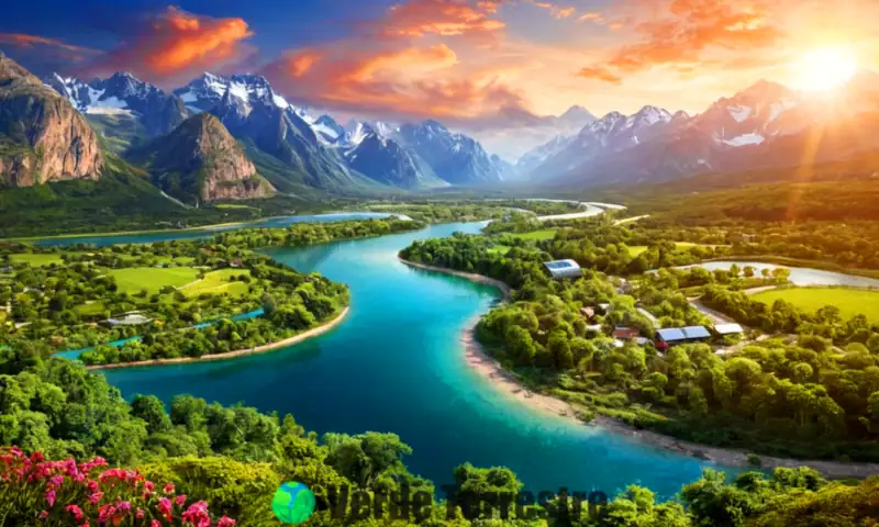 Paisaje vibrante y lleno de vida que muestra personas practicando la sostenibilidad en un entorno natural con un río claro y montañas