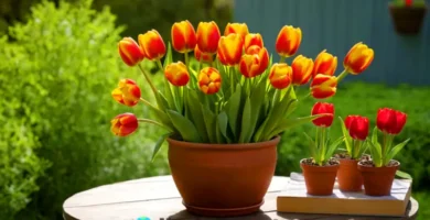Tulipanes vibrantes en maceta sobre una mesa de madera