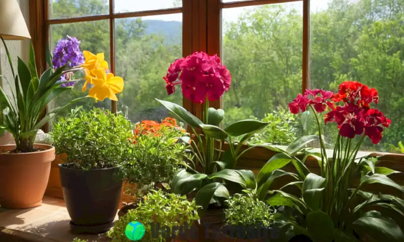 Guía ilustrada sobre los requisitos de luz para plantas, con un ambiente interior lleno de plantas saludables y un jardín exterior colorido