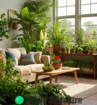 Sala iluminada con plantas de interior y un jardín exterior