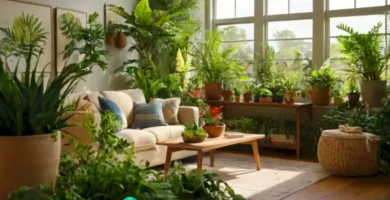 Sala iluminada con plantas de interior y un jardín exterior