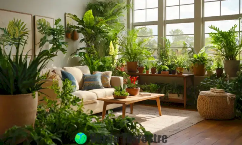 Sala iluminada con plantas de interior y un jardín exterior