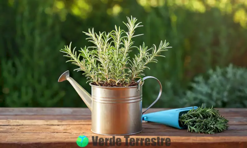 Una maceta de romero verde y saludable con herramientas de jardinería en un fondo rústico iluminado por la luz del sol