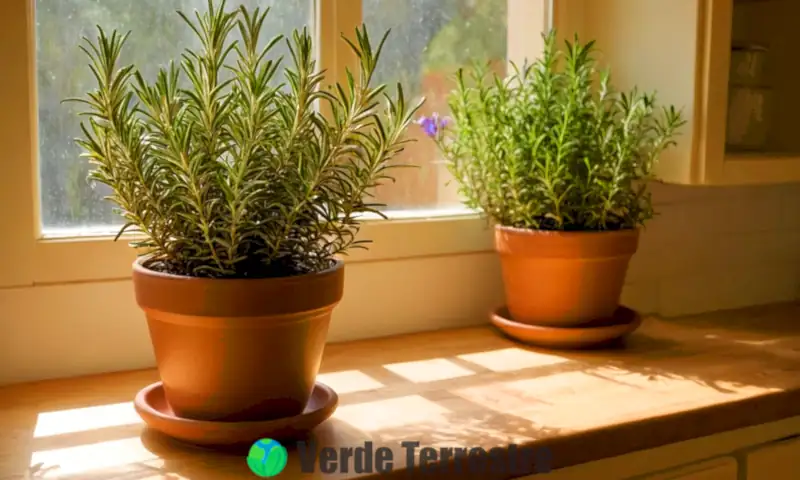 Planta de romero verde y frondosa en una maceta decorativa junto a una ventana de cocina iluminada