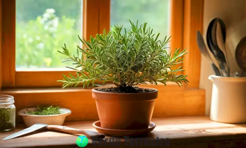 Planta de romero en maceta con hojas verdes brillantes sobre una mesa de madera