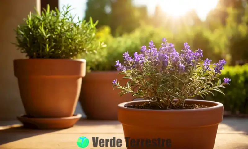 Planta de romero en maceta con hojas verdes y flores moradas, iluminada por la luz del sol en un jardín sereno