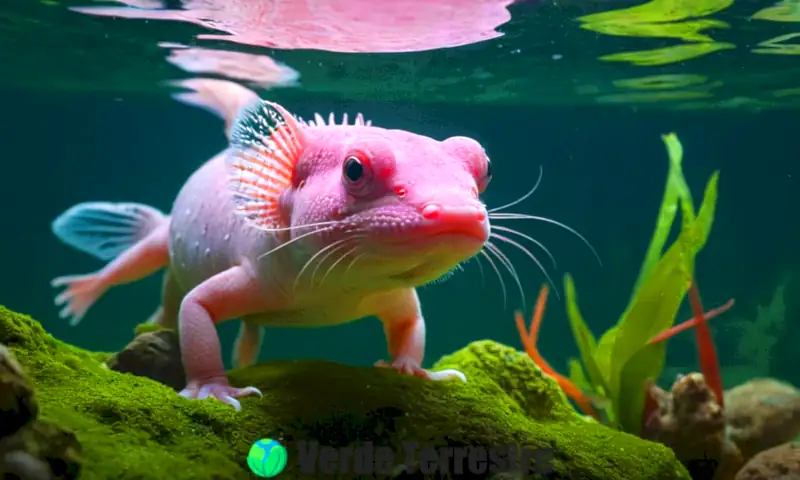 Axolote en un lago mexicano rodeado de plantas acuáticas y burbujas, con色 vibrantes y branquias externas