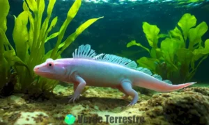 Axolote colorido rodeado de plantas acuáticas en un hábitat submarino iluminado por luz suave