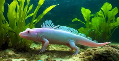Axolote colorido rodeado de plantas acuáticas en un hábitat submarino iluminado por luz suave