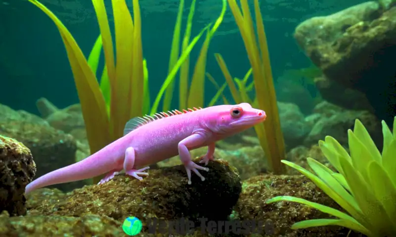 Axolote en su hábitat natural, rodeado de plantas acuáticas vibrantes y elementos culturales mexicanos