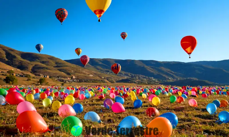 Bolsas de plástico y globos desinflados en un paisaje natural vibrante bajo un cielo azul