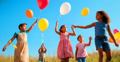 Niños sosteniendo globos de colores en un cielo azul