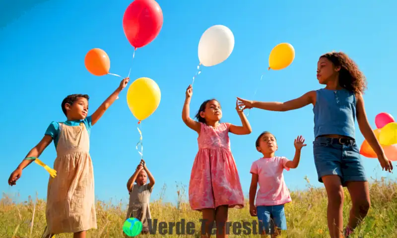 Niños sosteniendo globos de colores en un cielo azul