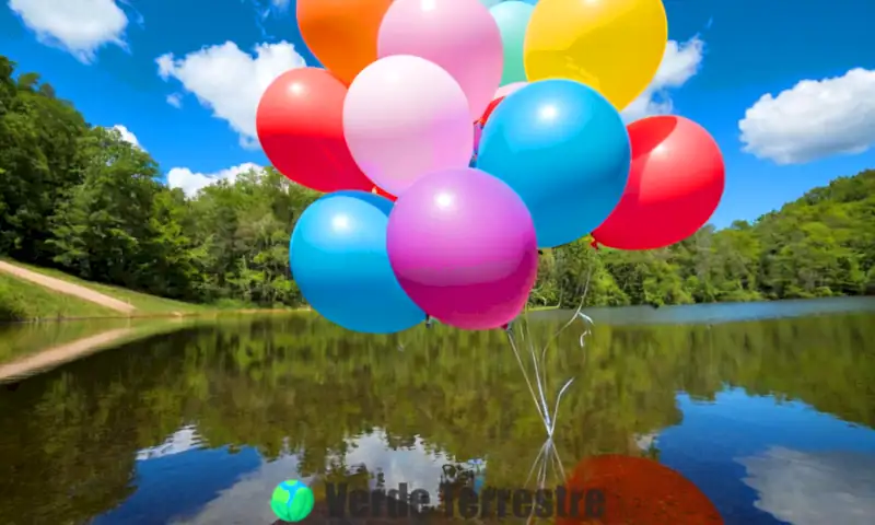 Un grupo colorido de globos en un cielo azul con nubes, y en primer plano, un globo pinchado