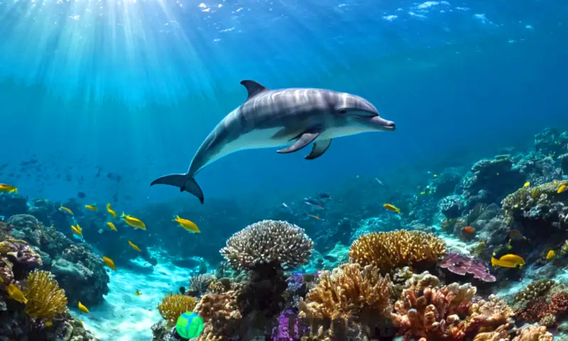 Delfín juguetón rodeado de coloridos peces y corales en un vibrante paisaje submarino