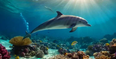 Delfín juguetón interactuando con peces en un colorido arrecife de coral bajo la luz del sol