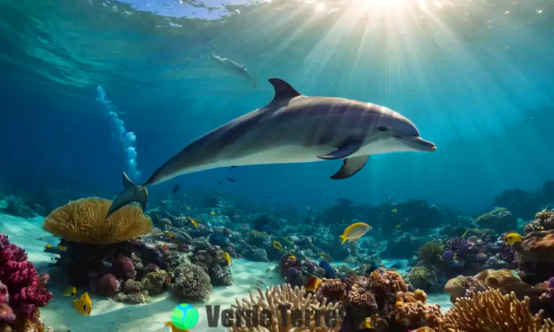 Delfín juguetón interactuando con peces en un colorido arrecife de coral bajo la luz del sol