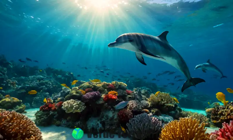 Delfines nadando en un océano vibrante con coloridos corales y peces, iluminados por luz suave