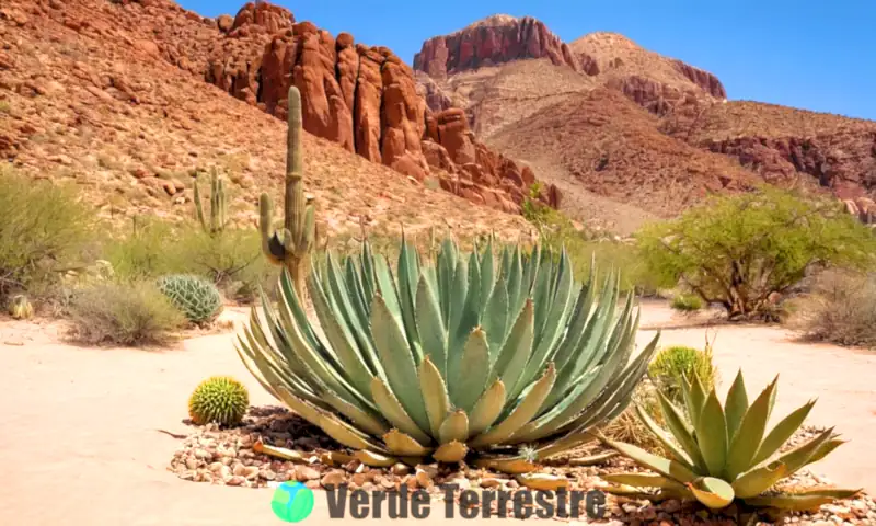 Collage de 25 plantas del desierto con sus adaptaciones en un paisaje árido, incluyendo cactus y suculentas, con etiquetas para cada especie