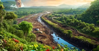 División visual entre un ecosistema saludable y un paisaje contaminado