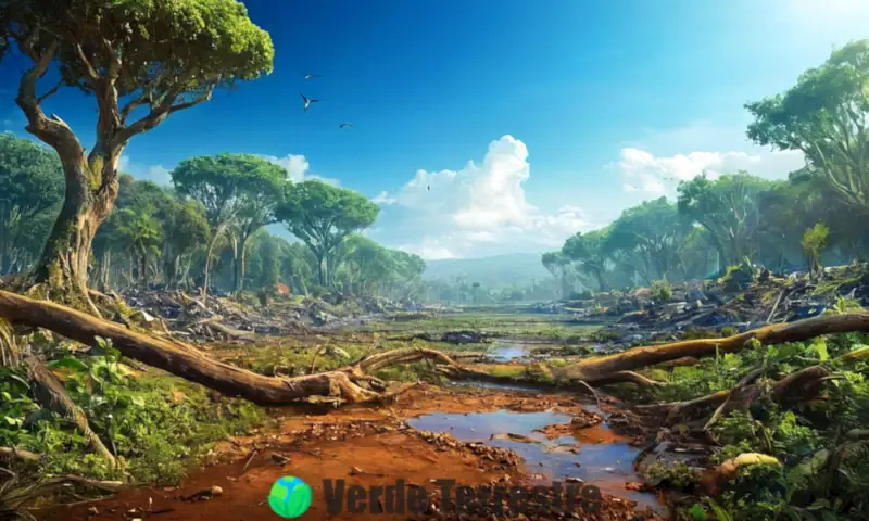 Ilustración de un paisaje dividido: un ecosistema vibrante a la izquierda y un entorno contaminado con árboles muertos y desechos plásticos a la derecha
