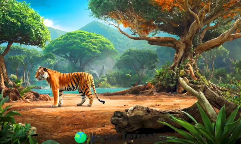 Ilustración que muestra un ecosistema vibrante que se convierte en un paisaje árido, con especies en peligro como un tigre y un arrecife de coral afectados por la contaminación