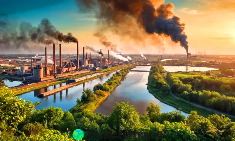 Paisaje dividido que muestra un lado contaminado con fábricas y desechos, y otro lado natural con abundante vegetación y ríos limpios, bajo un cielo dramático