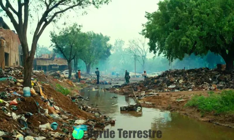 Representación artística de la salud humana ante la degradación ambiental, mostrando un lado vibrante y saludable y otro lado contaminado y deteriorado