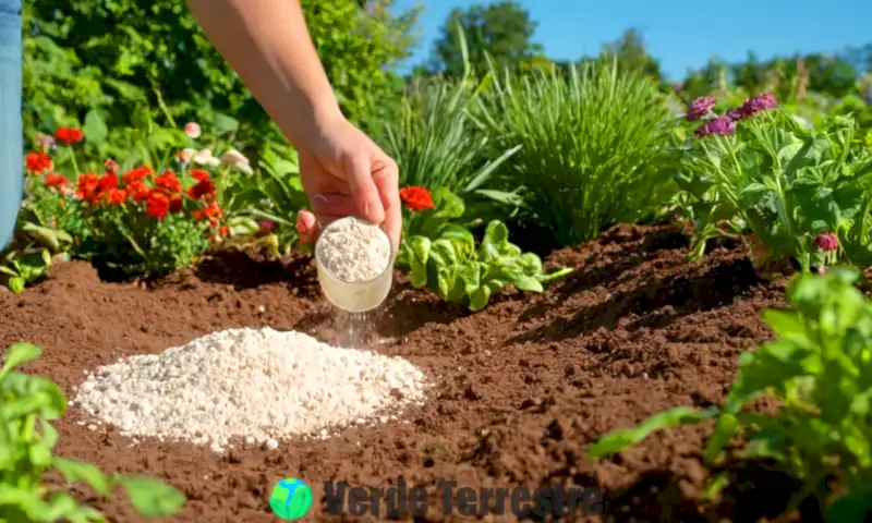 Partículas de tierra de diatomeas esparcidas sobre suelo verde con plantas vibrantes y una mano de jardinero en un día soleado