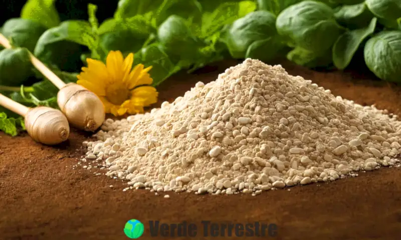 Primer plano de tierra de diatomeas en un entorno de jardín, rodeada de plantas y flores, con luz natural filtrándose entre las hojas