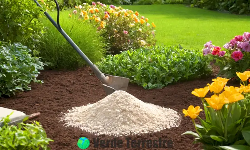 Polvo de tierra de diatomeas esparcido en un jardín vibrante, con flores, herramientas de jardinería y un cielo azul soleado