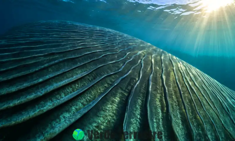 Primer plano de las placas de barbas de una ballena, iluminadas por luz suave en un entorno submarino