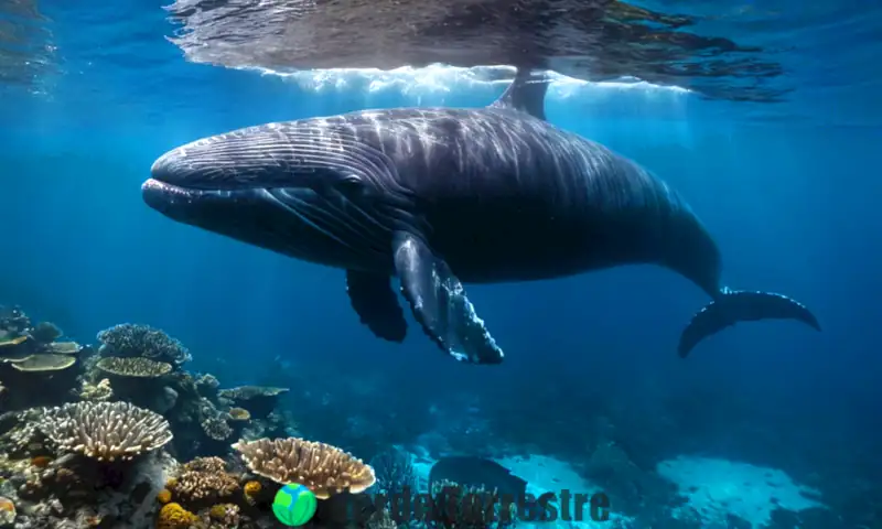 Dos tipos de ballenas: un majestuoso rorcual nadando en aguas azules y un poderoso cachalote entre peces y corales