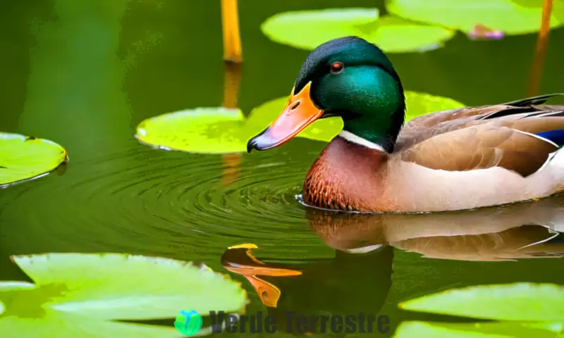 Pato nadando en un humedal sereno, rodeado de juncos verdes y lirios, bajo un cielo soleado