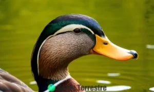 Pico de pato en primer plano rodeado de un lago sereno y vegetación verde