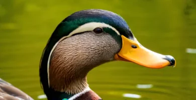 Pico de pato en primer plano rodeado de un lago sereno y vegetación verde