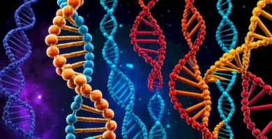 Ilustración que compara estructuras de ADN en forma de doble hélice colorida y ARN como una cadena simple