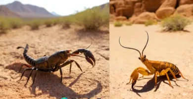 Comparativa educativa entre un escorpión en el desierto y una solífuga en un terreno rocoso