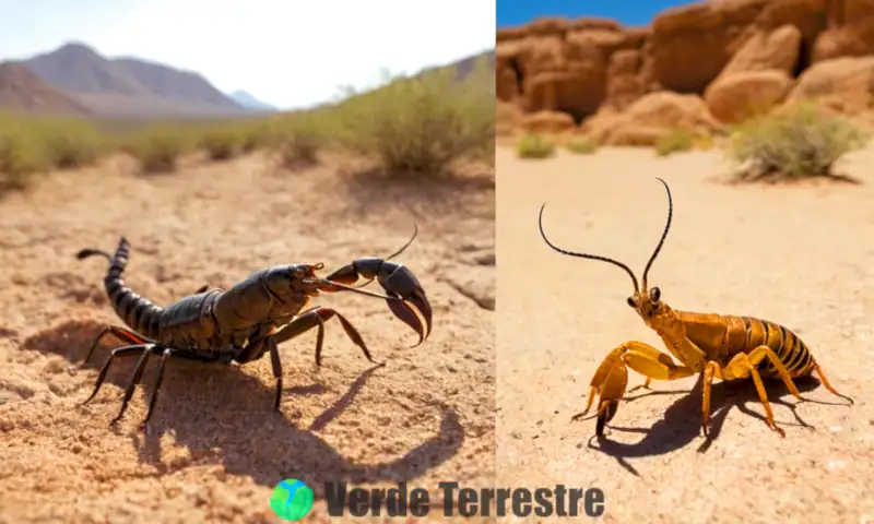 Comparativa educativa entre un escorpión en el desierto y una solífuga en un terreno rocoso