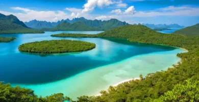 Paisaje sereno que muestra un lago azul calmado y una laguna turquesa
