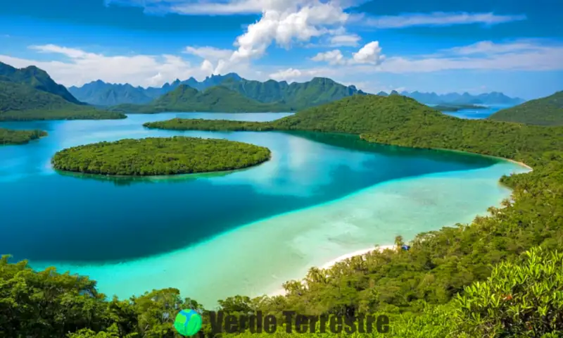 Paisaje sereno que muestra un lago azul calmado y una laguna turquesa